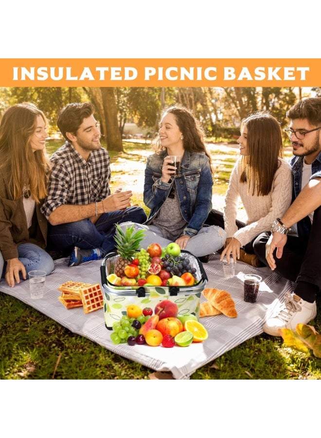 سلة نزهات حرارية معزولة قابلة للطي بسعة 30 لتر – سلة بيكنيك عائلية كبيرة بغطاء وسحاب محكم ومقبضين ألمنيوم متينين – سلة تخزين وتسوق وحفظ طعام ومشروبات ببطانة ألمنيوم مقاومة للماء – مناسبة للرحلات، التخييم، الشاطئ، الشواء، التسوق، توصيل الطعام – تصميم أوراق الشجر Green Leaf - Image 3